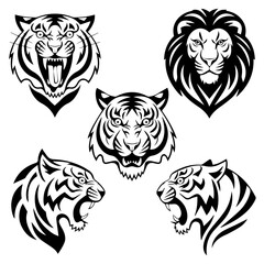 Set of six black-and-white vector emblems featuring stylized lion and tiger heads in various fierce and symmetrical expressions, ideal for logos or mascot designs.