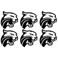 Set of six black-and-white vector emblems featuring stylized lion and tiger heads in various fierce and symmetrical expressions, ideal for logos or mascot designs.