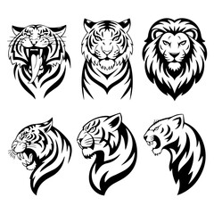 Set of six black-and-white vector emblems featuring stylized lion and tiger heads in various fierce and symmetrical expressions, ideal for logos or mascot designs.