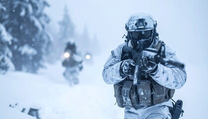 Armed Soldiers In Winter Camouflage Navigating Snowy Terrain During Military Operation