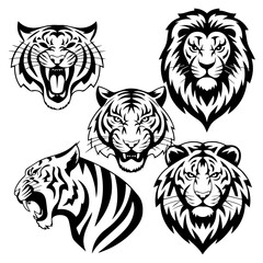 Set of six black-and-white vector emblems featuring stylized lion and tiger heads in various fierce and symmetrical expressions, ideal for logos or mascot designs.