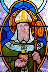Stained glass (1939) of Saint Augustine of Hippo or Saint Augustin d'Hippone. Saint of the Roman...
