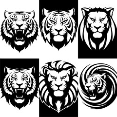 Set of six black-and-white vector emblems featuring stylized lion and tiger heads in various fierce and symmetrical expressions, ideal for logos or mascot designs.