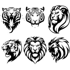 Set of six black-and-white vector emblems featuring stylized lion and tiger heads in various fierce and symmetrical expressions, ideal for logos or mascot designs.