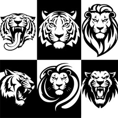 Set of six black-and-white vector emblems featuring stylized lion and tiger heads in various fierce and symmetrical expressions, ideal for logos or mascot designs.