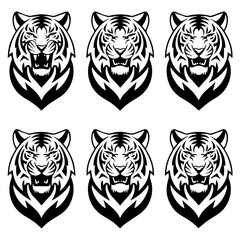 Set of six black-and-white vector emblems featuring stylized lion and tiger heads in various fierce and symmetrical expressions, ideal for logos or mascot designs.