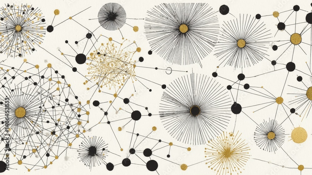 Poster abstract network connections - elegant graphic of interconnected nodes and radiating lines in black 