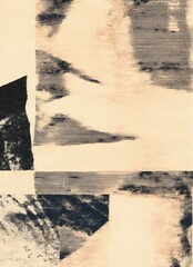 A handcrafted abstract composition combining geometric blocks and expressive ink brush textures on warm-toned, aged paper.