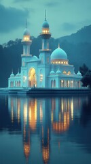 Serene mosque by tranquil lake at dawn