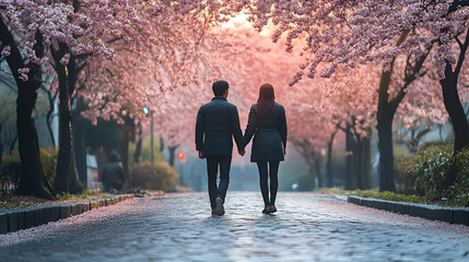 A couple holding hands while walking along a cobblestone path lined with blossoming trees