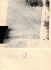 Soft Abstract Composition with Faded Tones and Graphic Brush Strokes. This abstract image features a blend of soft beige and gray washes, layered with graphic black blocks and subtle ink marks.