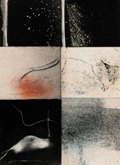 Abstract Grid Composition with Textural Variations and Subtle Color Accents. This abstract artwork presents a six-part grid of contrasting textures, blending soft grays, deep blacks.