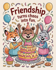 Fototapeta premium Fox bear and bunny celebrate friendship day baking cake together