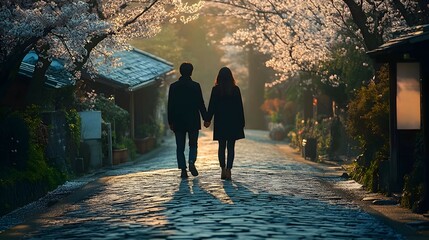 A couple holding hands while walking along a cobblestone path lined with blossoming trees