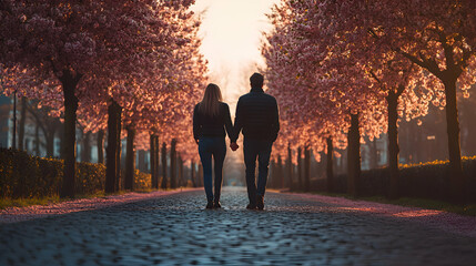 A couple holding hands while walking along a cobblestone path lined with blossoming trees