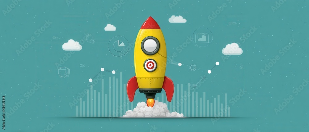 Poster colorful rocket ship with business elements and graphs on a soft blue background for creative projec