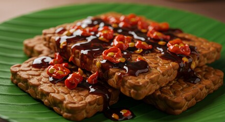 Oseng Tempe Pedas
Spicy fried tempeh with chili and soy sauce, served on a banana leaf plate, Indonesian street food