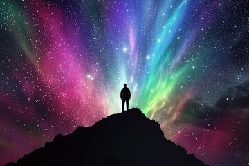 Fototapeta premium Silhouette Person on Mountaintop with Cosmic Light Rays Varient 3