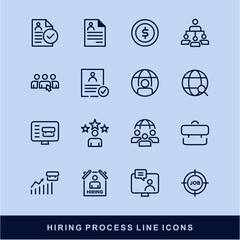 Now Hiring Process Line Icons. Recruitment, Job Application, Interview, Candidate Selection Vector Set