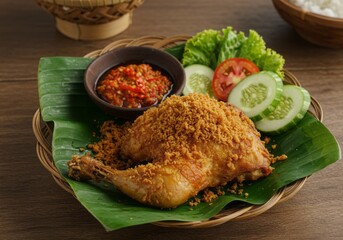 Ayam Goreng Kremes
Crispy fried chicken with golden crunchy flakes (ayam goreng kremes), served on banana leaf, with sambal and fresh vegetables on the side