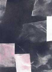 Layered Abstract with Soft Pink Accents and Textured Dark Blocks. This abstract artwork features a dynamic arrangement of dark textured panels with delicate pink and white accents. 
