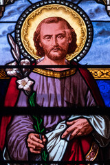 Naklejka premium Stained glass (19th century) of Saint Joseph the Carpenter, father of Jesus.