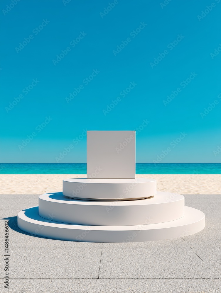 Poster beachfront product display platform - a pristine white three-tiered display platform sits on a beach