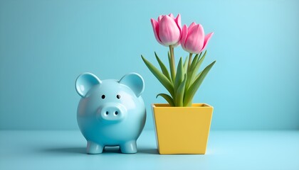 A blue piggy bank next to a yellow square vase with pink tulips