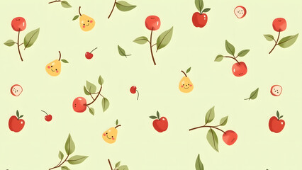 Friendly fruit branch pattern with smiling apples and pears on soft green background for kids' designs.