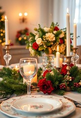 Fototapeta premium christmas table setting with candles and flowers