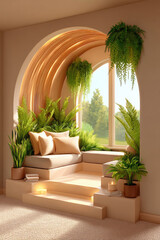 Obraz premium Cozy window nook with lush greenery, inviting relaxation, natural light, and warmth