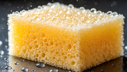 Wet Yellow Cleaning Sponge Covered in Water Droplets