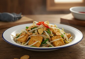 Tumis Toge Tahu
Stir-fried bean sprouts with tofu on an enamel plate, garlic and chili slices on top, Indonesian food,