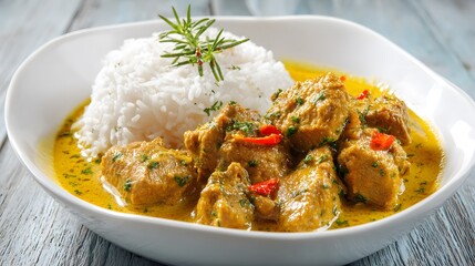 A beautiful bowl of chicken curry with fluffy rice, herbs, and red pepper for a satisfying meal.