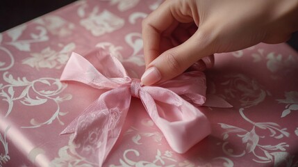 Tender hands adjust a delicate pink ribbon bow.