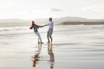 Happy senior couple holding hands and spinning on the beach