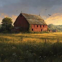 Obraz premium Rustic red barn in golden field at dawn