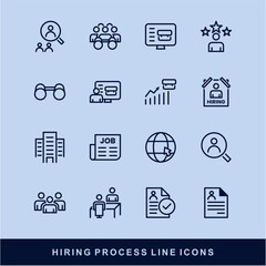 Now Hiring Process Line Icons. Recruitment, Job Application, Interview, Candidate Selection Vector Set