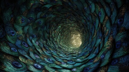 . Dark mysterious tunnel with spiral pattern and glowing light