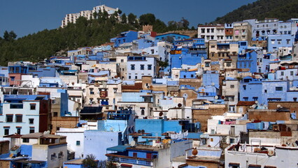 Overhead view of buildings on a slope in the medina, in Chefchaouen, Morocco