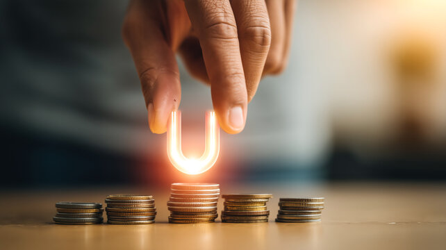 Using a glowing magnet to attract coins: financial investment, wealth creation, and magnetic attraction of money and prosperity.