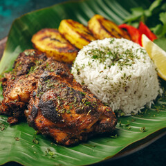 Afro-Caribbean jerk chicken with rice and plantains, served on banana leaf