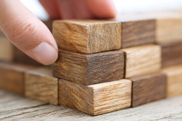 Close-up Hand Building Wooden Block Pyramid - A hand carefully places a wooden block, building a pyramid structure. Symbolizing growth, strategy, construction, stability, and precision