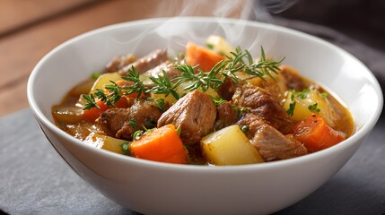 A flavorful beef stew in a white bowl, featuring carrots, potatoes, and fresh herbs, ready to eat.