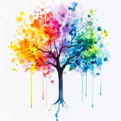 Vibrant rainbow tree with colorful splatters and drips.  Branches and leaves painted in spectrum hues, flowing down. Roots extend into white background