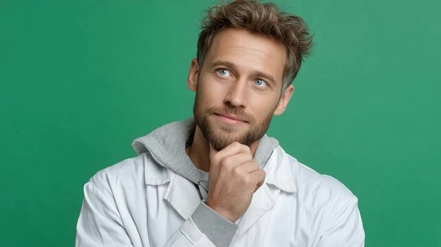 Thoughtful Scholar in Study: A portrait captures a studious man, deep in thought, contemplating profound concepts, dressed in a lab coat against a green backdrop.
