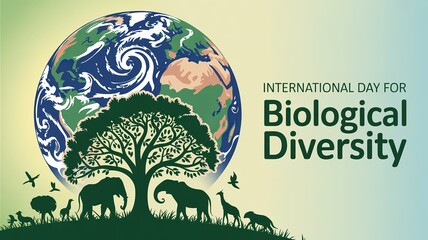 International Day for Biological Diversity, Earth cradles biodiversity with thriving animals under trees, promoting ecological balance globally.