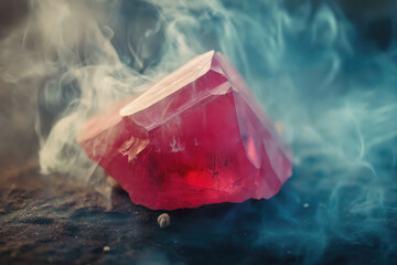 Fototapeta premium A vibrant, faceted ruby gemstone glows, enveloped in ethereal, swirling mist on stone