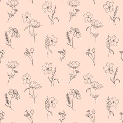Seamless sketch illustration in line art style elegant bouquet with wild flowers, herbs, spikelets on pink mocha background for wrapping, textile, cards, packaging and decor.