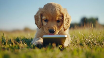 Smartphone interface showing treat toss activated by owner for playful puppy with tech-savvy interface layout and cheerful response from pet